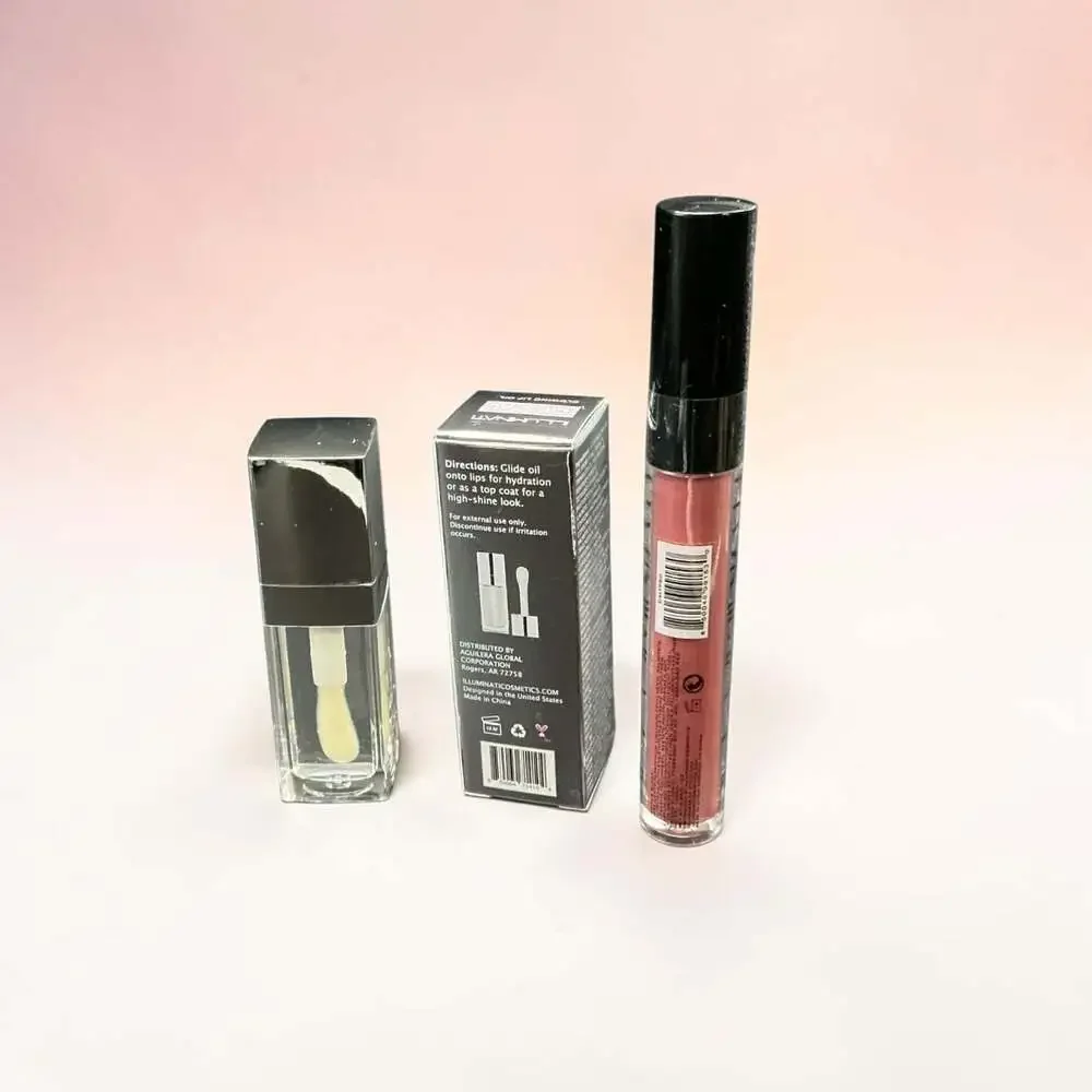 Illuminati Cosmetics Glowing Lip Oil in Crystal and Shimmer Lip Gloss in Calypso